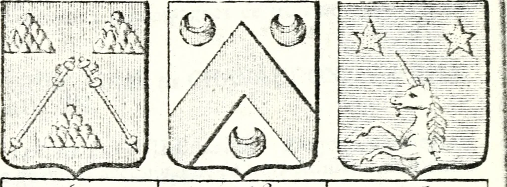 An illustration from Armorial des principales maisons et familles du royaume, particulierement des celles de Paris et de l'Isle de France : contenant les armes des princes, seigneurs, grands officiers de la couronne & de la maison du roi, celles des cours souveraines, &c. avec l'explication de tous les blasons, 1757, leaf 674
