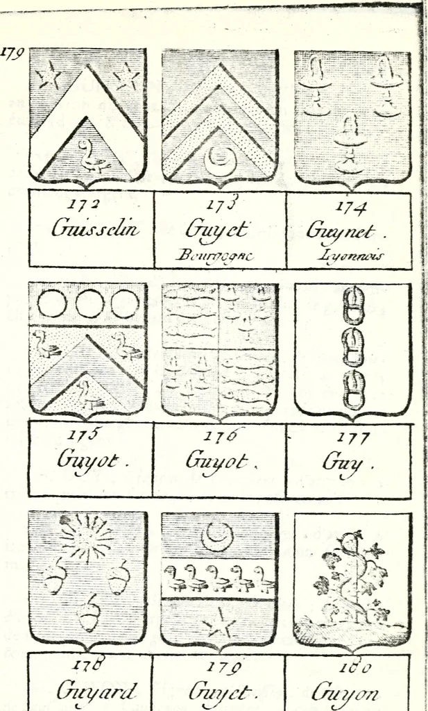 An illustration from Armorial des principales maisons et familles du royaume, particulierement des celles de Paris et de l'Isle de France : contenant les armes des princes, seigneurs, grands officiers de la couronne & de la maison du roi, celles des cours souveraines, &c. avec l'explication de tous les blasons, 1757, leaf 682