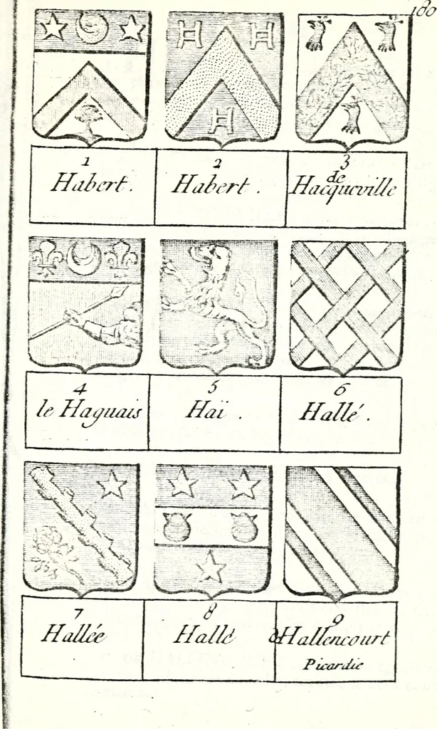 An illustration from Armorial des principales maisons et familles du royaume, particulierement des celles de Paris et de l'Isle de France : contenant les armes des princes, seigneurs, grands officiers de la couronne & de la maison du roi, celles des cours souveraines, &c. avec l'explication de tous les blasons, 1757, leaf 686