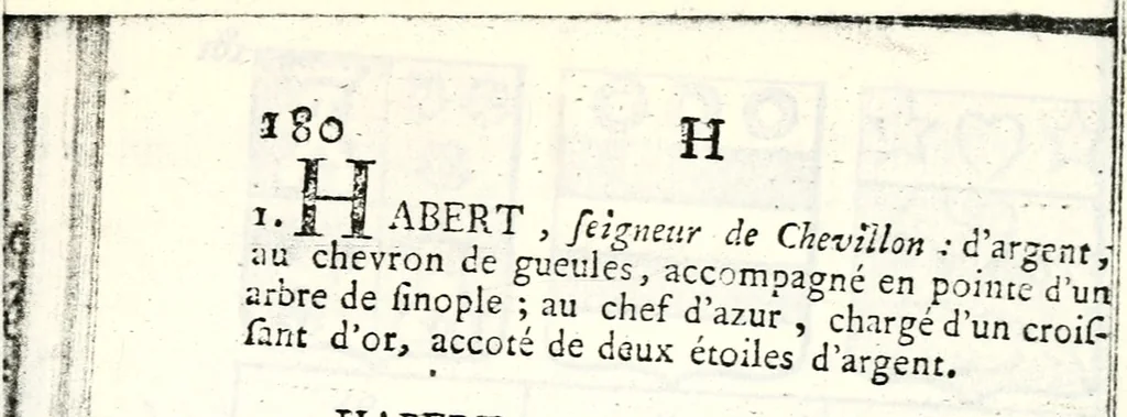 An illustration from Armorial des principales maisons et familles du royaume, particulierement des celles de Paris et de l'Isle de France : contenant les armes des princes, seigneurs, grands officiers de la couronne & de la maison du roi, celles des cours souveraines, &c. avec l'explication de tous les blasons, 1757, leaf 688