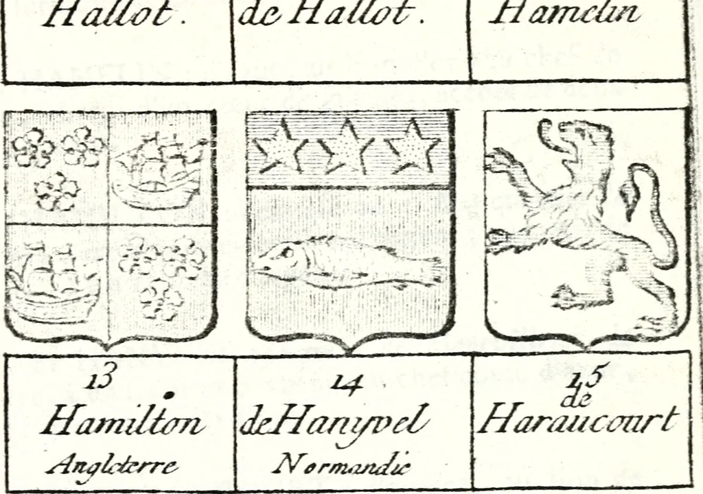 An illustration from Armorial des principales maisons et familles du royaume, particulierement des celles de Paris et de l'Isle de France : contenant les armes des princes, seigneurs, grands officiers de la couronne & de la maison du roi, celles des cours souveraines, &c. avec l'explication de tous les blasons, 1757, leaf 690