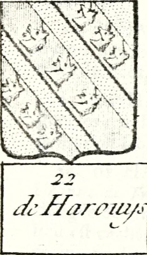 An illustration from Armorial des principales maisons et familles du royaume, particulierement des celles de Paris et de l'Isle de France : contenant les armes des princes, seigneurs, grands officiers de la couronne & de la maison du roi, celles des cours souveraines, &c. avec l'explication de tous les blasons, 1757, leaf 694