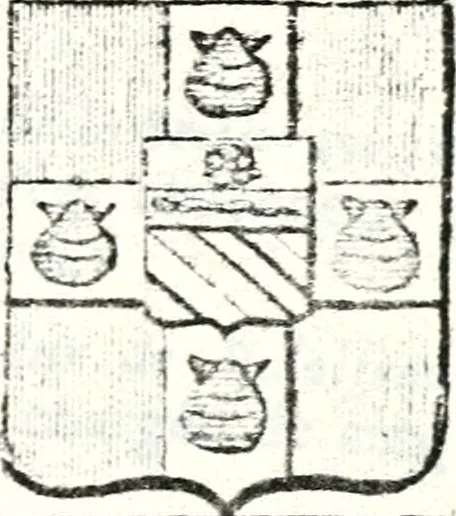 An illustration from Armorial des principales maisons et familles du royaume, particulierement des celles de Paris et de l'Isle de France : contenant les armes des princes, seigneurs, grands officiers de la couronne & de la maison du roi, celles des cours souveraines, &c. avec l'explication de tous les blasons, 1757, leaf 694