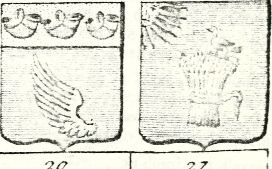 An illustration from Armorial des principales maisons et familles du royaume, particulierement des celles de Paris et de l'Isle de France : contenant les armes des princes, seigneurs, grands officiers de la couronne & de la maison du roi, celles des cours souveraines, &c. avec l'explication de tous les blasons, 1757, leaf 694