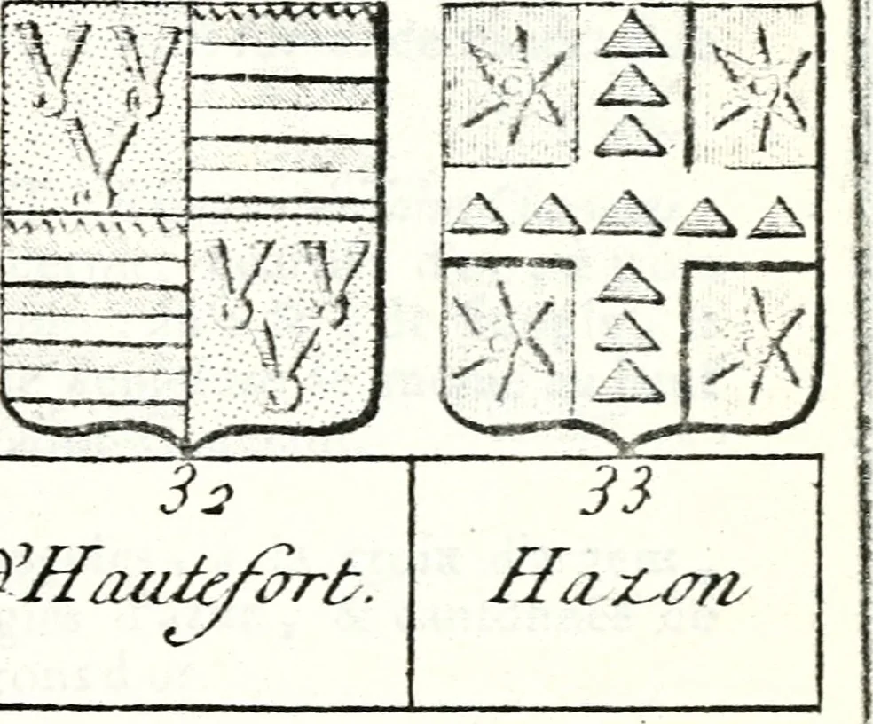 An illustration from Armorial des principales maisons et familles du royaume, particulierement des celles de Paris et de l'Isle de France : contenant les armes des princes, seigneurs, grands officiers de la couronne & de la maison du roi, celles des cours souveraines, &c. avec l'explication de tous les blasons, 1757, leaf 698