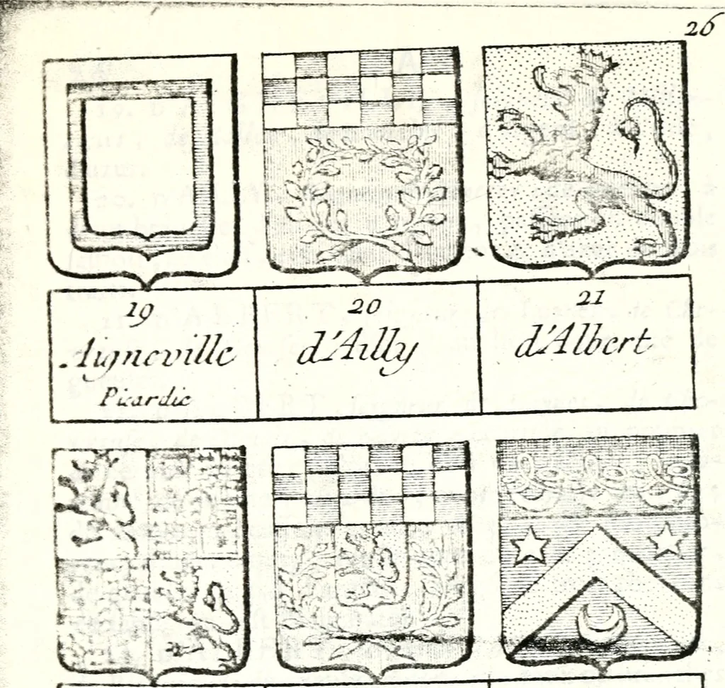 An illustration from Armorial des principales maisons et familles du royaume, particulierement des celles de Paris et de l'Isle de France : contenant les armes des princes, seigneurs, grands officiers de la couronne & de la maison du roi, celles des cours souveraines, &c. avec l'explication de tous les blasons, 1757, leaf 70