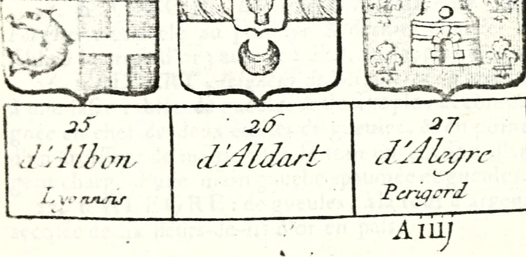 An illustration from Armorial des principales maisons et familles du royaume, particulierement des celles de Paris et de l'Isle de France : contenant les armes des princes, seigneurs, grands officiers de la couronne & de la maison du roi, celles des cours souveraines, &c. avec l'explication de tous les blasons, 1757, leaf 70