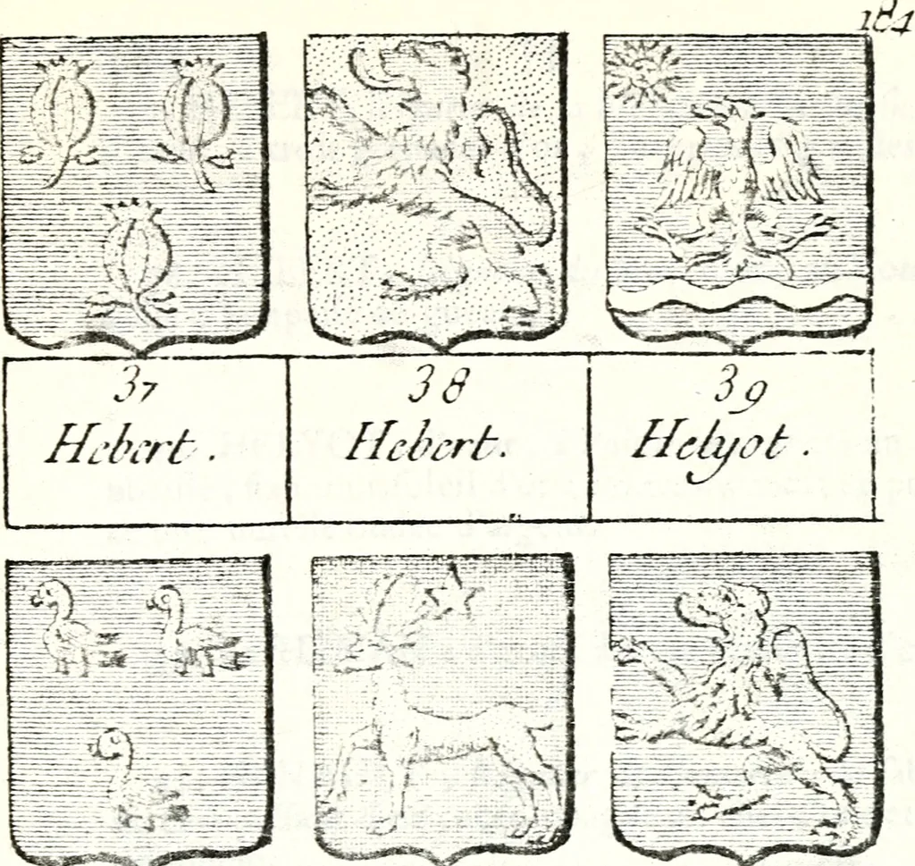An illustration from Armorial des principales maisons et familles du royaume, particulierement des celles de Paris et de l'Isle de France : contenant les armes des princes, seigneurs, grands officiers de la couronne & de la maison du roi, celles des cours souveraines, &c. avec l'explication de tous les blasons, 1757, leaf 702