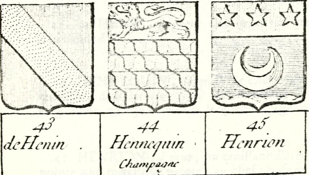 An illustration from Armorial des principales maisons et familles du royaume, particulierement des celles de Paris et de l'Isle de France : contenant les armes des princes, seigneurs, grands officiers de la couronne & de la maison du roi, celles des cours souveraines, &c. avec l'explication de tous les blasons, 1757, leaf 702