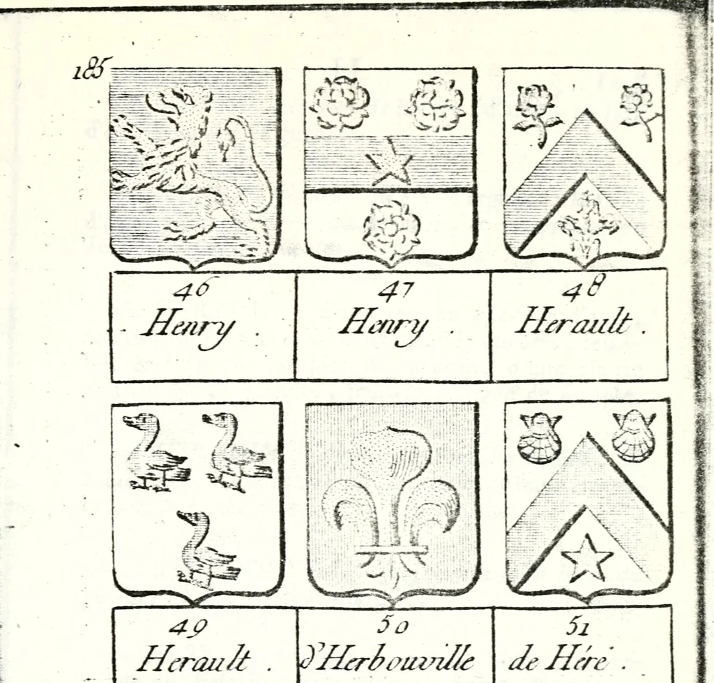 An illustration from Armorial des principales maisons et familles du royaume, particulierement des celles de Paris et de l'Isle de France : contenant les armes des princes, seigneurs, grands officiers de la couronne & de la maison du roi, celles des cours souveraines, &c. avec l'explication de tous les blasons, 1757, leaf 706