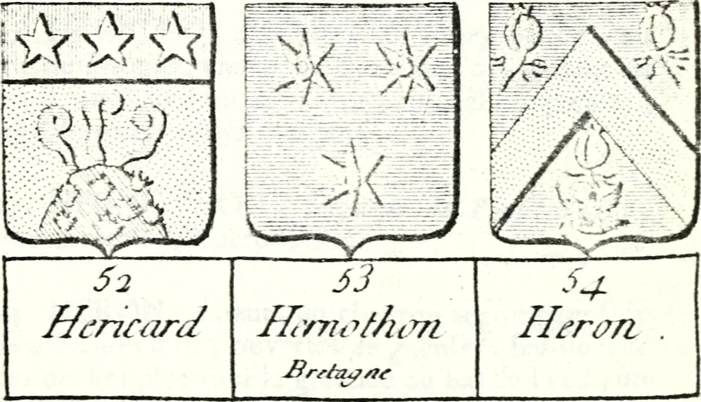 An illustration from Armorial des principales maisons et familles du royaume, particulierement des celles de Paris et de l'Isle de France : contenant les armes des princes, seigneurs, grands officiers de la couronne & de la maison du roi, celles des cours souveraines, &c. avec l'explication de tous les blasons, 1757, leaf 706