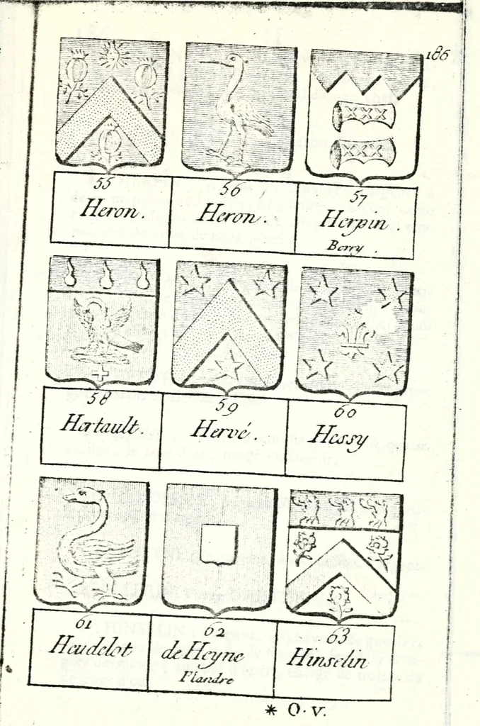 An illustration from Armorial des principales maisons et familles du royaume, particulierement des celles de Paris et de l'Isle de France : contenant les armes des princes, seigneurs, grands officiers de la couronne & de la maison du roi, celles des cours souveraines, &c. avec l'explication de tous les blasons, 1757, leaf 710