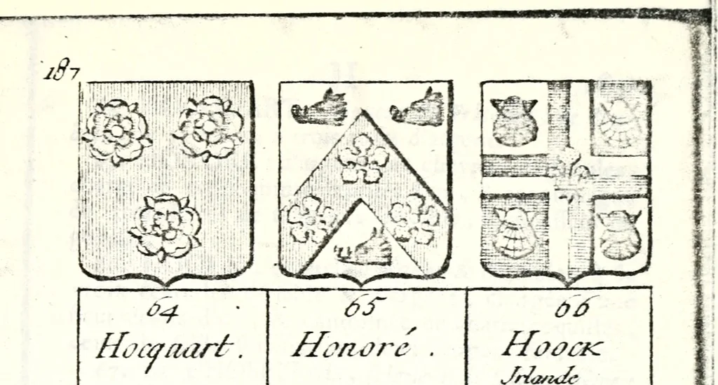 An illustration from Armorial des principales maisons et familles du royaume, particulierement des celles de Paris et de l'Isle de France : contenant les armes des princes, seigneurs, grands officiers de la couronne & de la maison du roi, celles des cours souveraines, &c. avec l'explication de tous les blasons, 1757, leaf 714