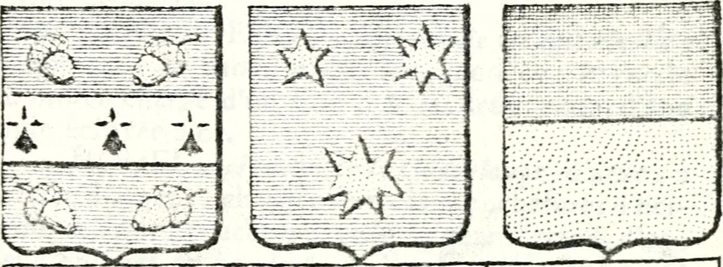 An illustration from Armorial des principales maisons et familles du royaume, particulierement des celles de Paris et de l'Isle de France : contenant les armes des princes, seigneurs, grands officiers de la couronne & de la maison du roi, celles des cours souveraines, &c. avec l'explication de tous les blasons, 1757, leaf 714
