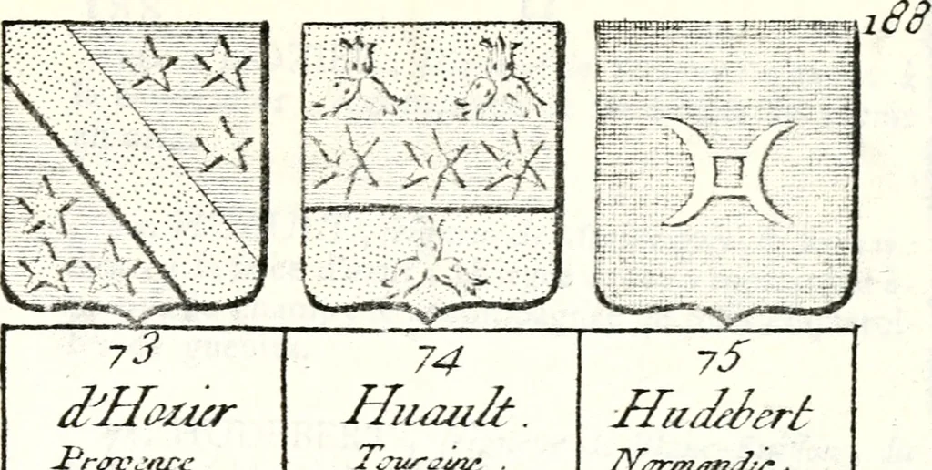 An illustration from Armorial des principales maisons et familles du royaume, particulierement des celles de Paris et de l'Isle de France : contenant les armes des princes, seigneurs, grands officiers de la couronne & de la maison du roi, celles des cours souveraines, &c. avec l'explication de tous les blasons, 1757, leaf 718