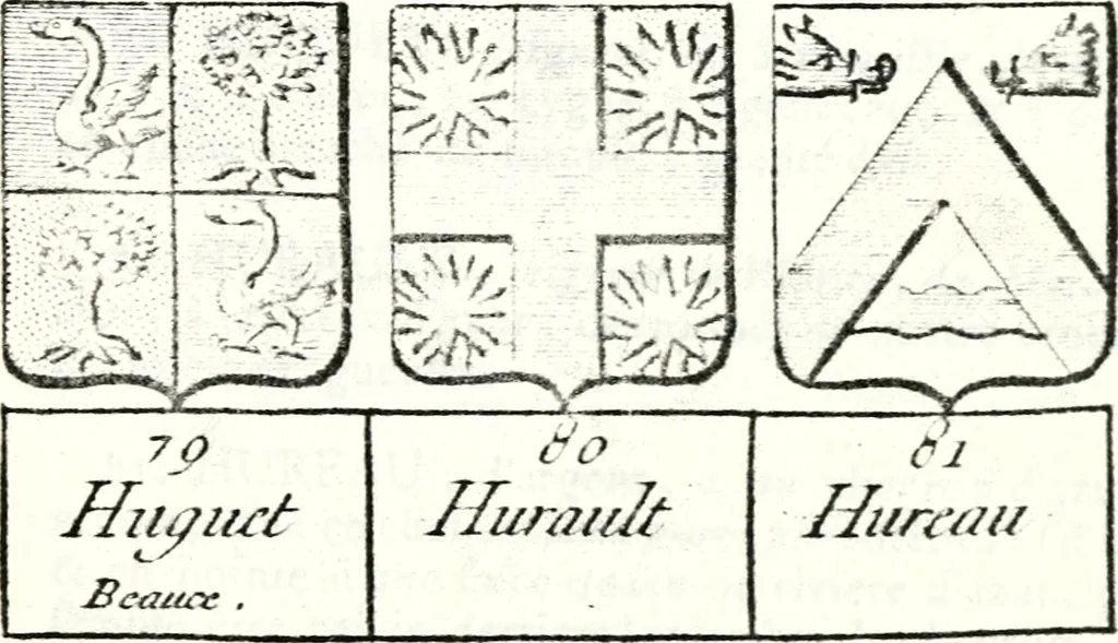 An illustration from Armorial des principales maisons et familles du royaume, particulierement des celles de Paris et de l'Isle de France : contenant les armes des princes, seigneurs, grands officiers de la couronne & de la maison du roi, celles des cours souveraines, &c. avec l'explication de tous les blasons, 1757, leaf 718