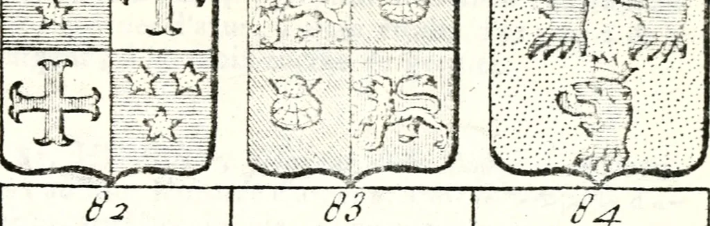 An illustration from Armorial des principales maisons et familles du royaume, particulierement des celles de Paris et de l'Isle de France : contenant les armes des princes, seigneurs, grands officiers de la couronne & de la maison du roi, celles des cours souveraines, &c. avec l'explication de tous les blasons, 1757, leaf 722