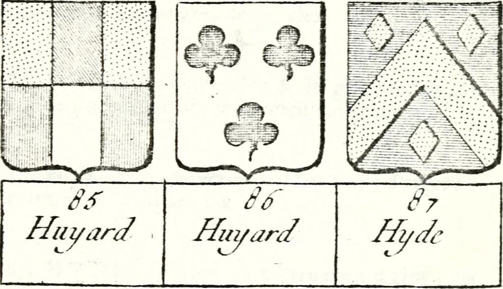 An illustration from Armorial des principales maisons et familles du royaume, particulierement des celles de Paris et de l'Isle de France : contenant les armes des princes, seigneurs, grands officiers de la couronne & de la maison du roi, celles des cours souveraines, &c. avec l'explication de tous les blasons, 1757, leaf 722