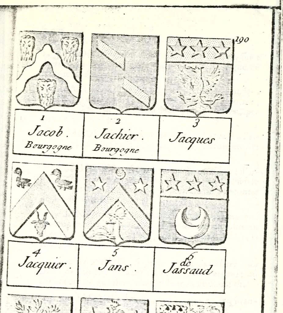 An illustration from Armorial des principales maisons et familles du royaume, particulierement des celles de Paris et de l'Isle de France : contenant les armes des princes, seigneurs, grands officiers de la couronne & de la maison du roi, celles des cours souveraines, &c. avec l'explication de tous les blasons, 1757, leaf 726