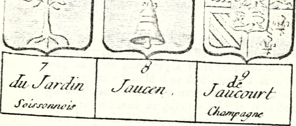 An illustration from Armorial des principales maisons et familles du royaume, particulierement des celles de Paris et de l'Isle de France : contenant les armes des princes, seigneurs, grands officiers de la couronne & de la maison du roi, celles des cours souveraines, &c. avec l'explication de tous les blasons, 1757, leaf 726
