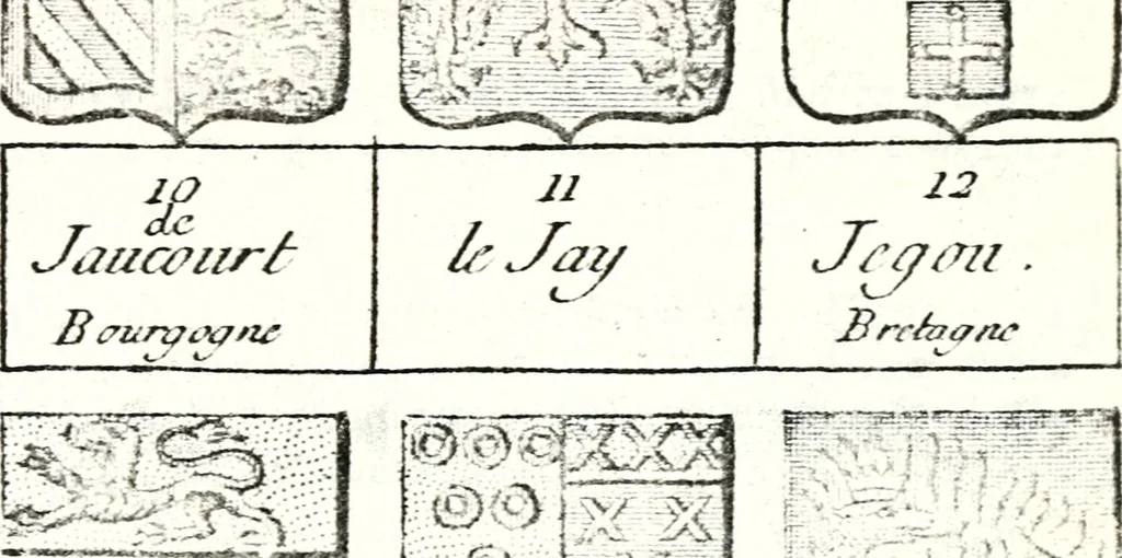 An illustration from Armorial des principales maisons et familles du royaume, particulierement des celles de Paris et de l'Isle de France : contenant les armes des princes, seigneurs, grands officiers de la couronne & de la maison du roi, celles des cours souveraines, &c. avec l'explication de tous les blasons, 1757, leaf 730