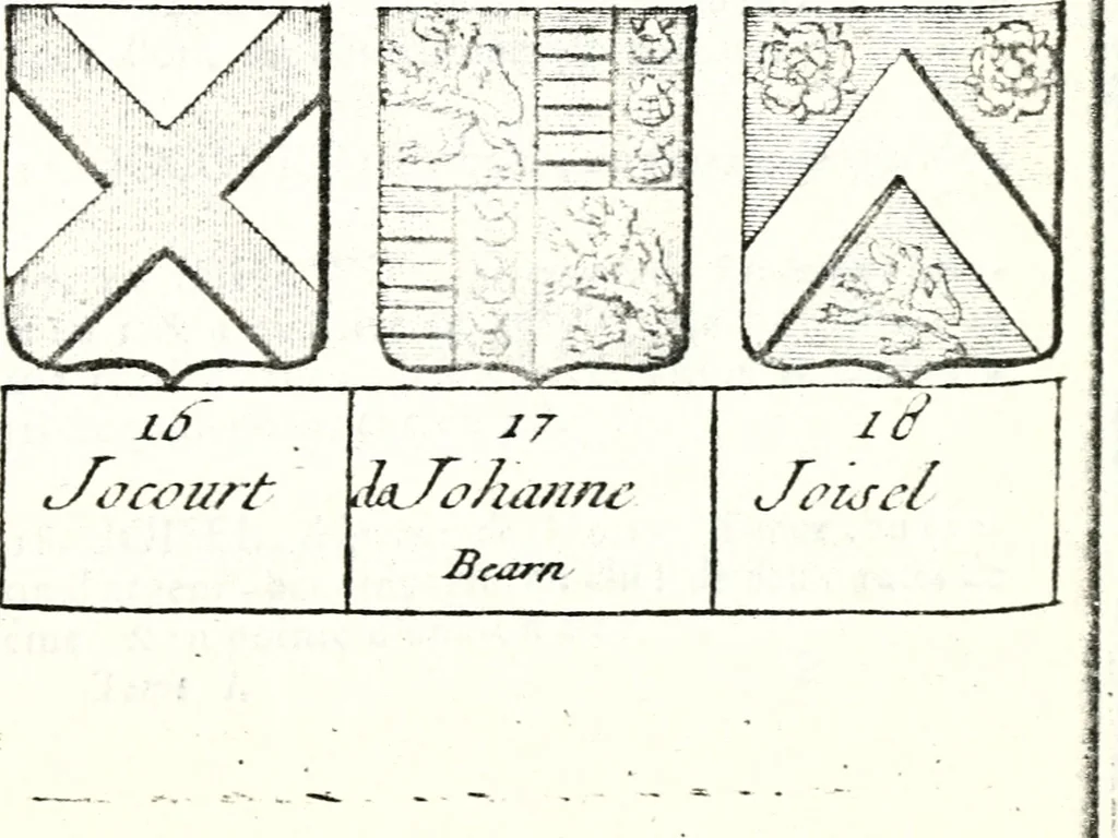 An illustration from Armorial des principales maisons et familles du royaume, particulierement des celles de Paris et de l'Isle de France : contenant les armes des princes, seigneurs, grands officiers de la couronne & de la maison du roi, celles des cours souveraines, &c. avec l'explication de tous les blasons, 1757, leaf 730