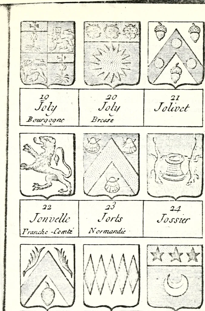 An illustration from Armorial des principales maisons et familles du royaume, particulierement des celles de Paris et de l'Isle de France : contenant les armes des princes, seigneurs, grands officiers de la couronne & de la maison du roi, celles des cours souveraines, &c. avec l'explication de tous les blasons, 1757, leaf 734