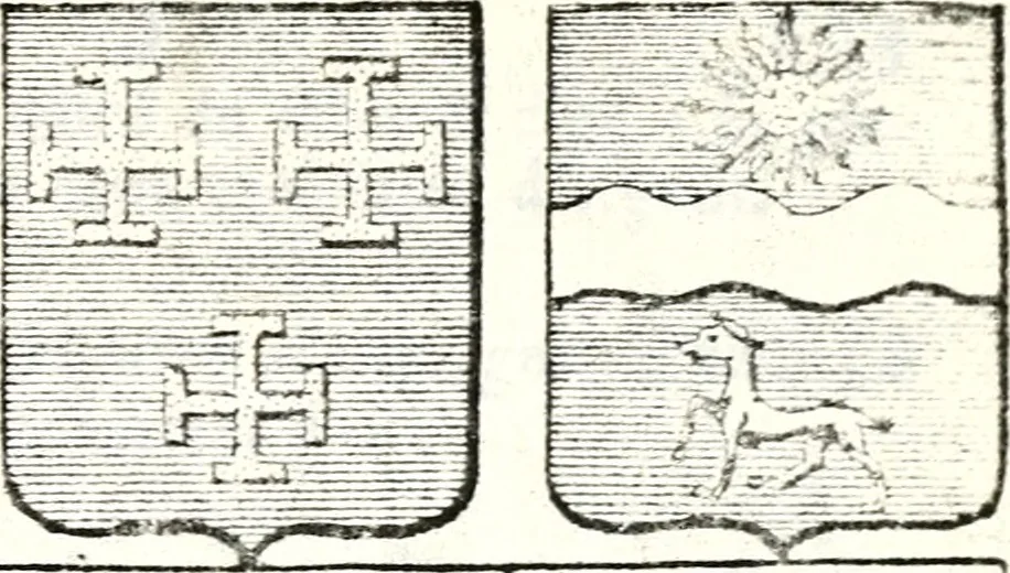 An illustration from Armorial des principales maisons et familles du royaume, particulierement des celles de Paris et de l'Isle de France : contenant les armes des princes, seigneurs, grands officiers de la couronne & de la maison du roi, celles des cours souveraines, &c. avec l'explication de tous les blasons, 1757, leaf 738