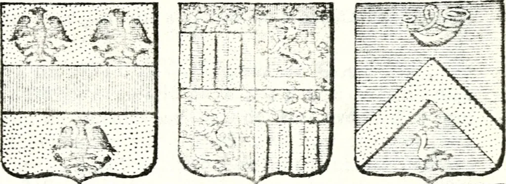 An illustration from Armorial des principales maisons et familles du royaume, particulierement des celles de Paris et de l'Isle de France : contenant les armes des princes, seigneurs, grands officiers de la couronne & de la maison du roi, celles des cours souveraines, &c. avec l'explication de tous les blasons, 1757, leaf 738