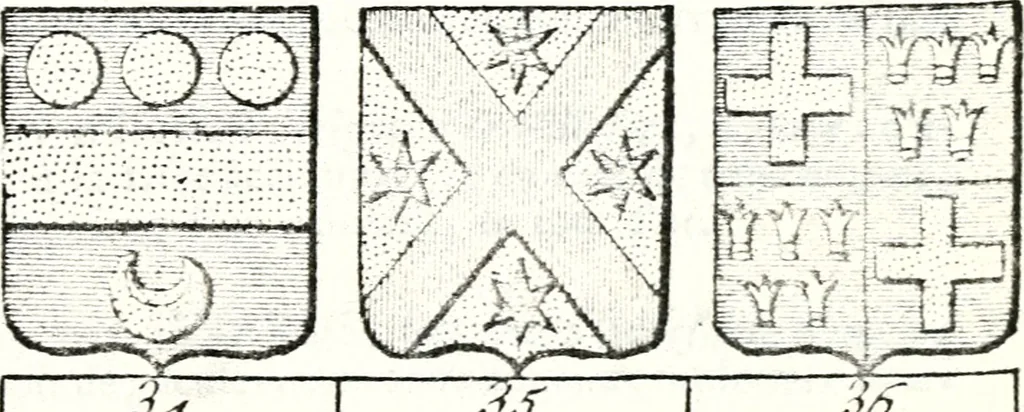 An illustration from Armorial des principales maisons et familles du royaume, particulierement des celles de Paris et de l'Isle de France : contenant les armes des princes, seigneurs, grands officiers de la couronne & de la maison du roi, celles des cours souveraines, &c. avec l'explication de tous les blasons, 1757, leaf 738