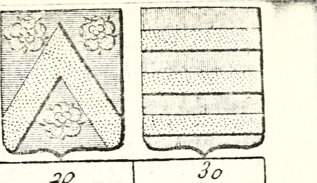 An illustration from Armorial des principales maisons et familles du royaume, particulierement des celles de Paris et de l'Isle de France : contenant les armes des princes, seigneurs, grands officiers de la couronne & de la maison du roi, celles des cours souveraines, &c. avec l'explication de tous les blasons, 1757, leaf 74
