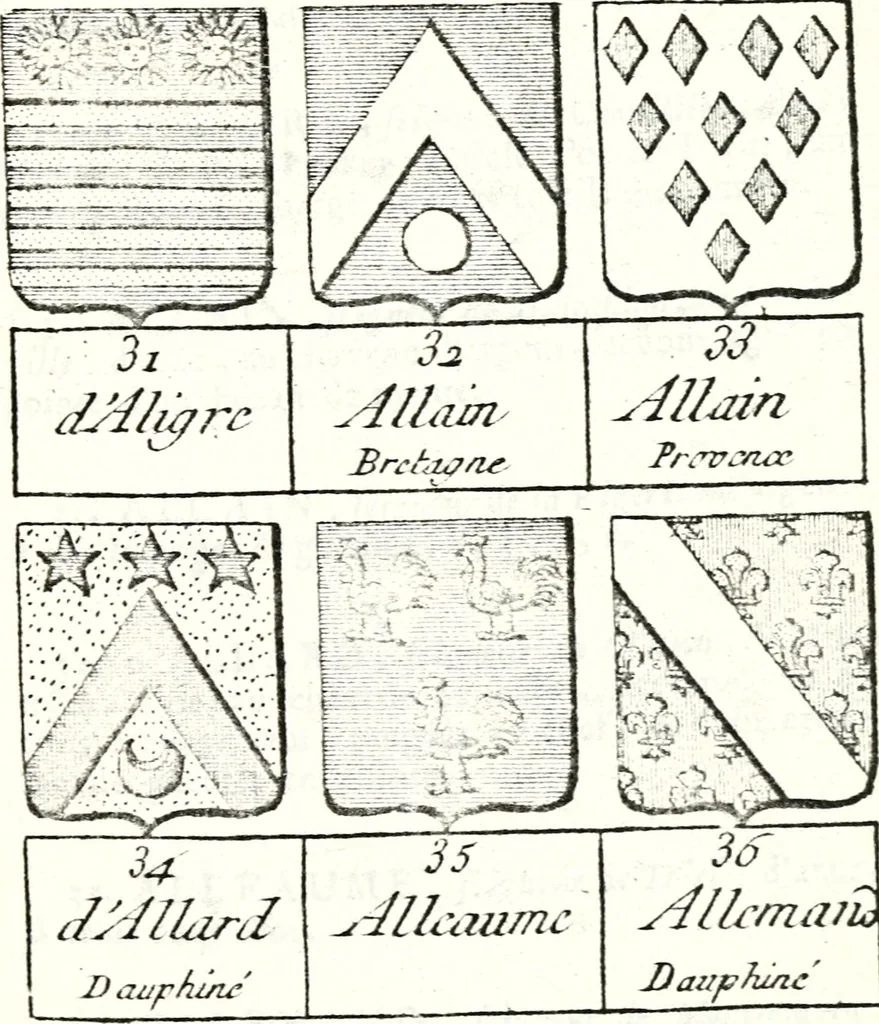 An illustration from Armorial des principales maisons et familles du royaume, particulierement des celles de Paris et de l'Isle de France : contenant les armes des princes, seigneurs, grands officiers de la couronne & de la maison du roi, celles des cours souveraines, &c. avec l'explication de tous les blasons, 1757, leaf 74