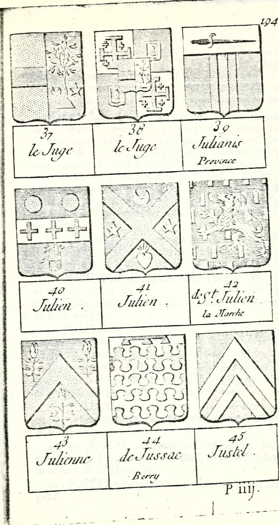 An illustration from Armorial des principales maisons et familles du royaume, particulierement des celles de Paris et de l'Isle de France : contenant les armes des princes, seigneurs, grands officiers de la couronne & de la maison du roi, celles des cours souveraines, &c. avec l'explication de tous les blasons, 1757, leaf 742