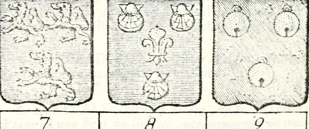 An illustration from Armorial des principales maisons et familles du royaume, particulierement des celles de Paris et de l'Isle de France : contenant les armes des princes, seigneurs, grands officiers de la couronne & de la maison du roi, celles des cours souveraines, &c. avec l'explication de tous les blasons, 1757, leaf 746