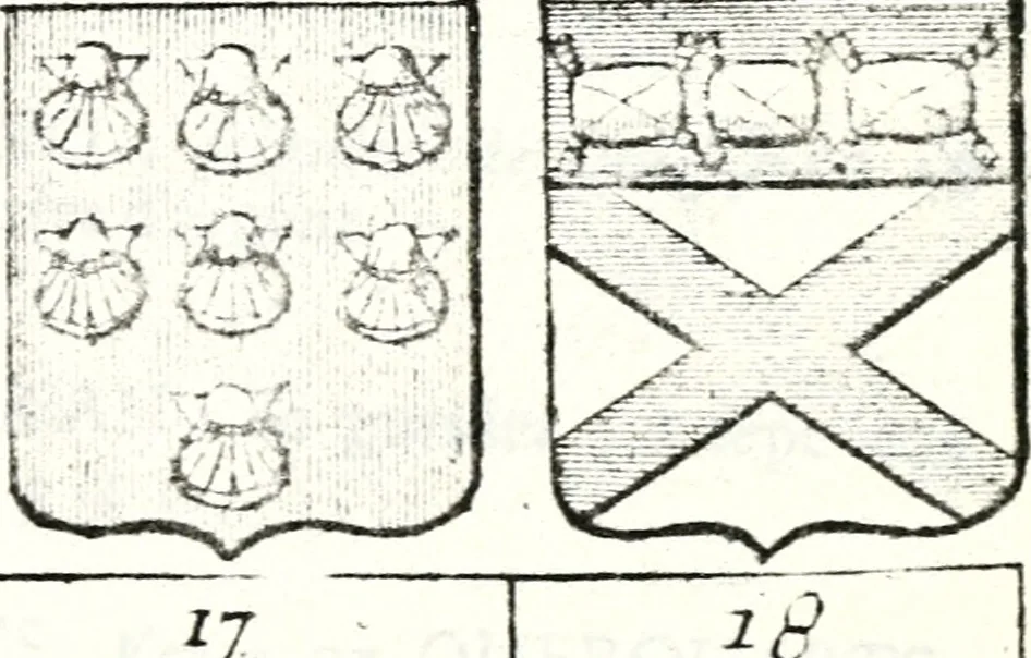 An illustration from Armorial des principales maisons et familles du royaume, particulierement des celles de Paris et de l'Isle de France : contenant les armes des princes, seigneurs, grands officiers de la couronne & de la maison du roi, celles des cours souveraines, &c. avec l'explication de tous les blasons, 1757, leaf 750