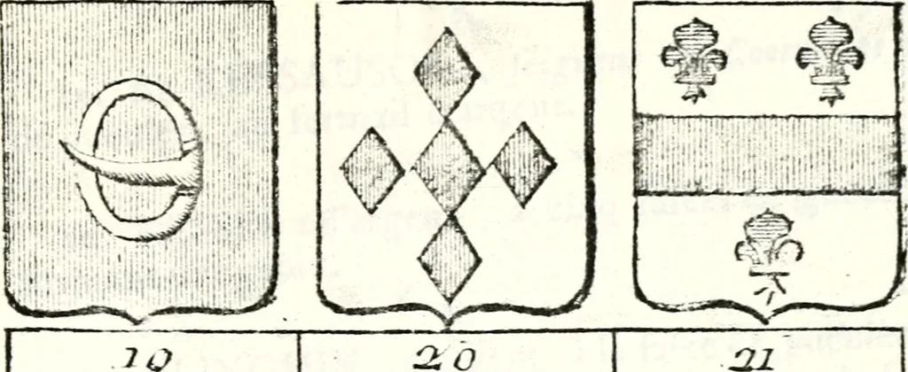 An illustration from Armorial des principales maisons et familles du royaume, particulierement des celles de Paris et de l'Isle de France : contenant les armes des princes, seigneurs, grands officiers de la couronne & de la maison du roi, celles des cours souveraines, &c. avec l'explication de tous les blasons, 1757, leaf 754