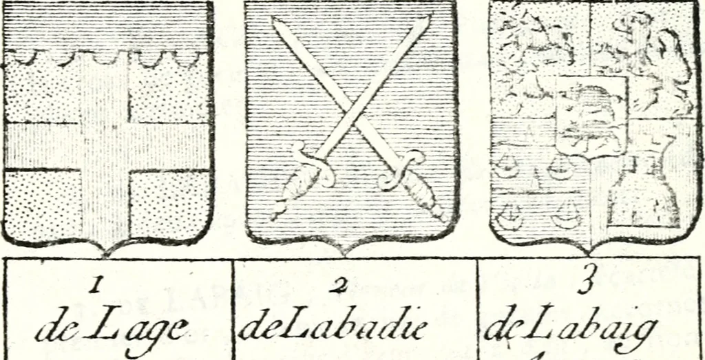 An illustration from Armorial des principales maisons et familles du royaume, particulierement des celles de Paris et de l'Isle de France : contenant les armes des princes, seigneurs, grands officiers de la couronne & de la maison du roi, celles des cours souveraines, &c. avec l'explication de tous les blasons, 1757, leaf 754
