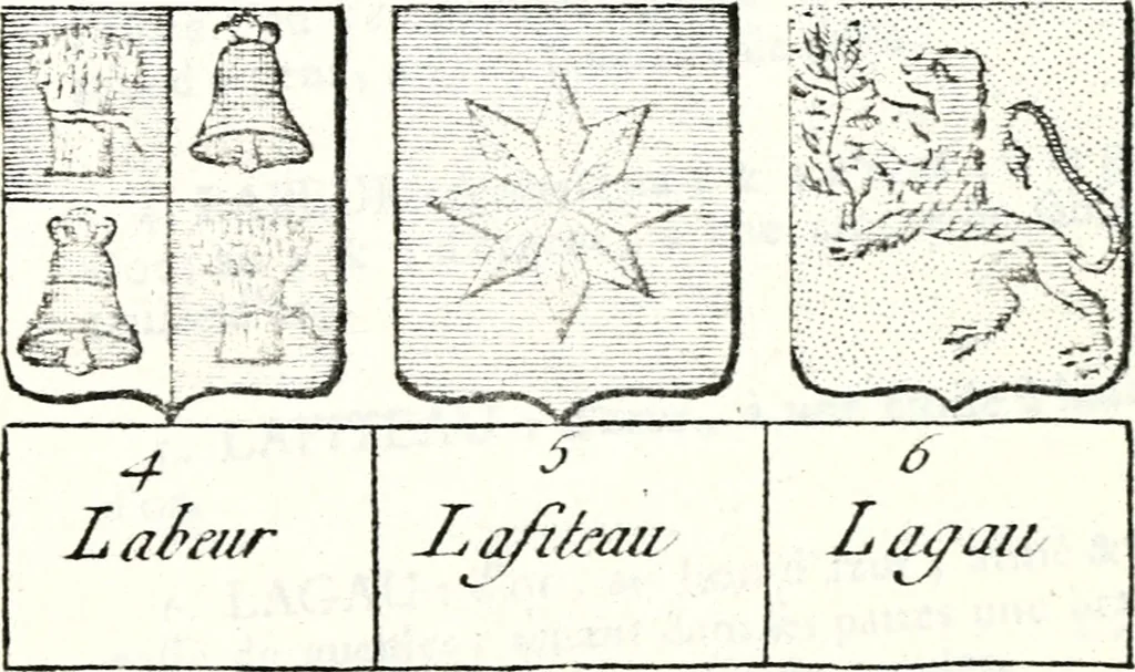 An illustration from Armorial des principales maisons et familles du royaume, particulierement des celles de Paris et de l'Isle de France : contenant les armes des princes, seigneurs, grands officiers de la couronne & de la maison du roi, celles des cours souveraines, &c. avec l'explication de tous les blasons, 1757, leaf 754