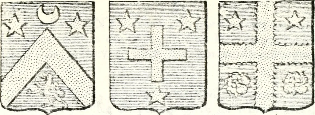 An illustration from Armorial des principales maisons et familles du royaume, particulierement des celles de Paris et de l'Isle de France : contenant les armes des princes, seigneurs, grands officiers de la couronne & de la maison du roi, celles des cours souveraines, &c. avec l'explication de tous les blasons, 1757, leaf 758