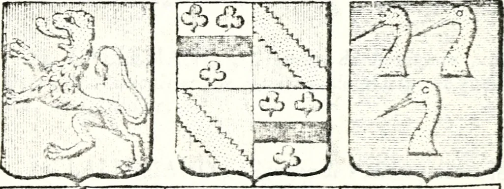 An illustration from Armorial des principales maisons et familles du royaume, particulierement des celles de Paris et de l'Isle de France : contenant les armes des princes, seigneurs, grands officiers de la couronne & de la maison du roi, celles des cours souveraines, &c. avec l'explication de tous les blasons, 1757, leaf 758
