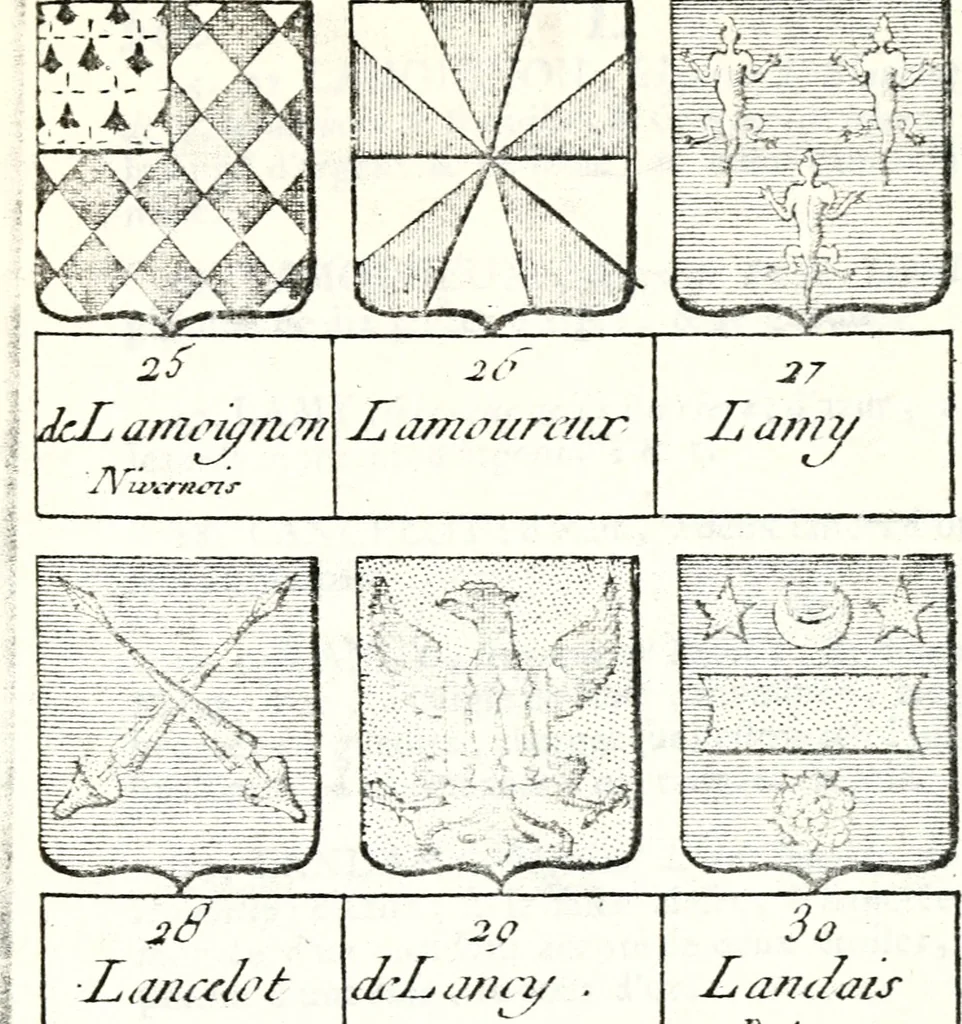 An illustration from Armorial des principales maisons et familles du royaume, particulierement des celles de Paris et de l'Isle de France : contenant les armes des princes, seigneurs, grands officiers de la couronne & de la maison du roi, celles des cours souveraines, &c. avec l'explication de tous les blasons, 1757, leaf 766