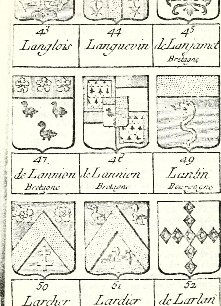 An illustration from Armorial des principales maisons et familles du royaume, particulierement des celles de Paris et de l'Isle de France : contenant les armes des princes, seigneurs, grands officiers de la couronne & de la maison du roi, celles des cours souveraines, &c. avec l'explication de tous les blasons, 1757, leaf 774
