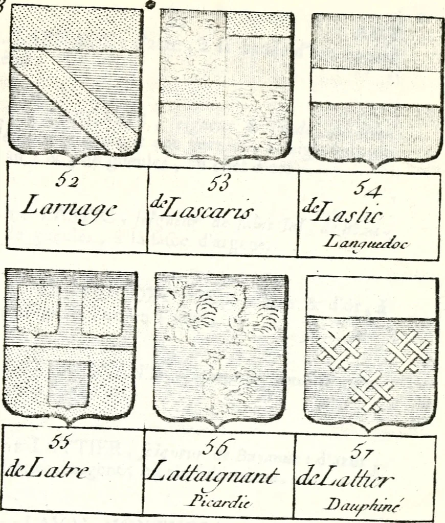 An illustration from Armorial des principales maisons et familles du royaume, particulierement des celles de Paris et de l'Isle de France : contenant les armes des princes, seigneurs, grands officiers de la couronne & de la maison du roi, celles des cours souveraines, &c. avec l'explication de tous les blasons, 1757, leaf 778