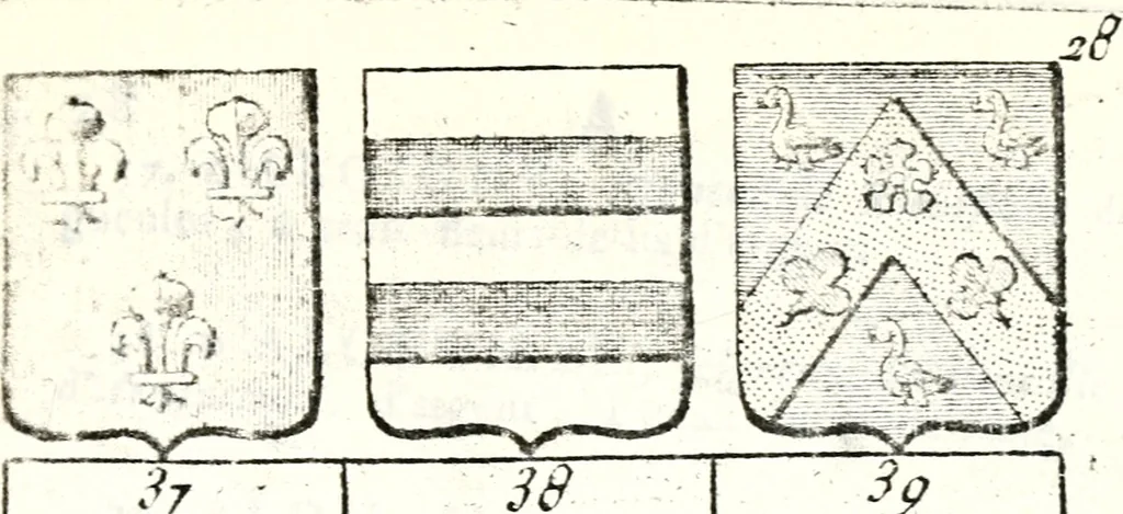 An illustration from Armorial des principales maisons et familles du royaume, particulierement des celles de Paris et de l'Isle de France : contenant les armes des princes, seigneurs, grands officiers de la couronne & de la maison du roi, celles des cours souveraines, &c. avec l'explication de tous les blasons, 1757, leaf 78