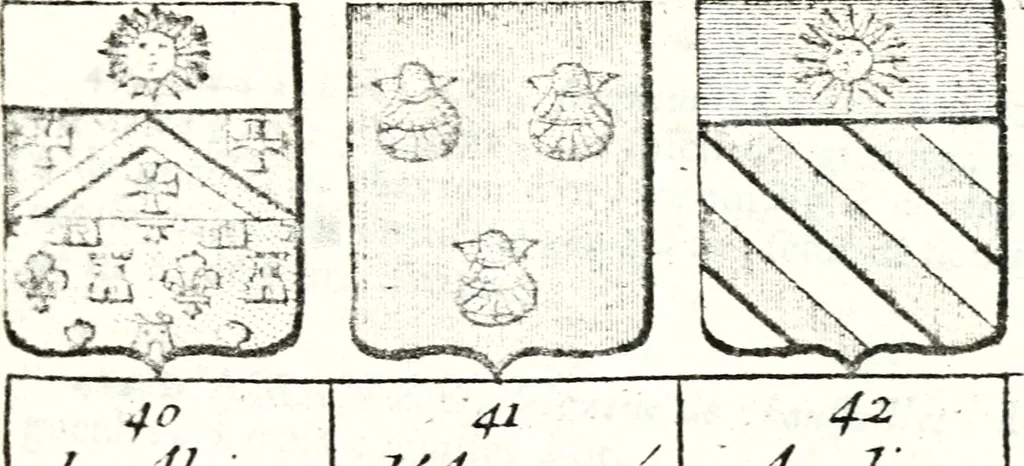 An illustration from Armorial des principales maisons et familles du royaume, particulierement des celles de Paris et de l'Isle de France : contenant les armes des princes, seigneurs, grands officiers de la couronne & de la maison du roi, celles des cours souveraines, &c. avec l'explication de tous les blasons, 1757, leaf 78