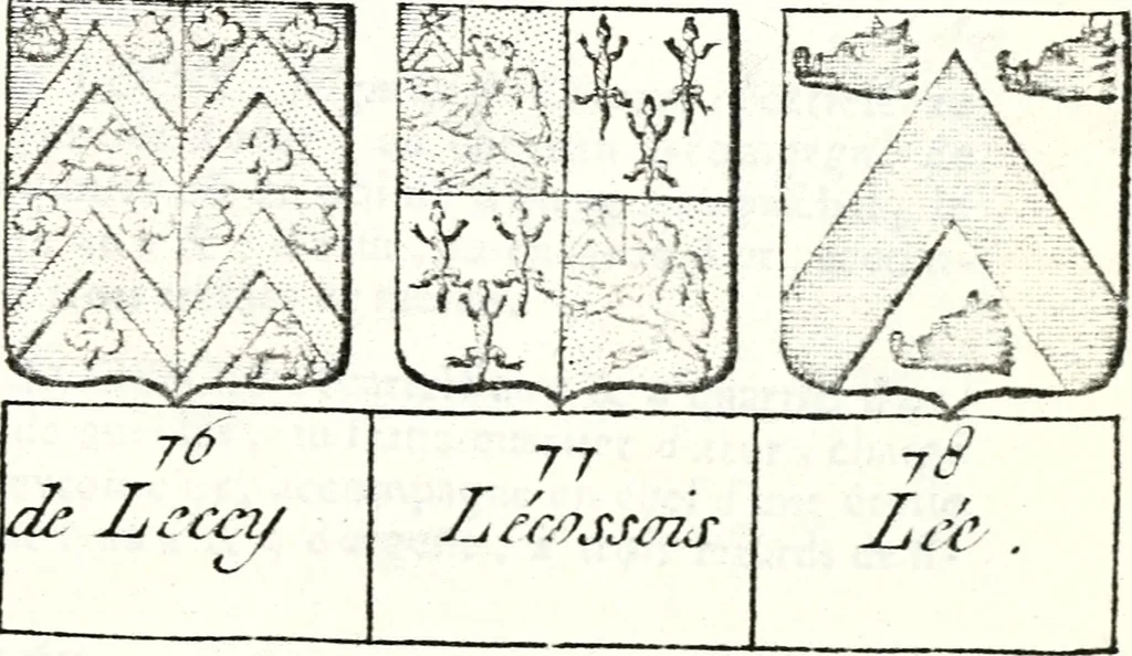An illustration from Armorial des principales maisons et familles du royaume, particulierement des celles de Paris et de l'Isle de France : contenant les armes des princes, seigneurs, grands officiers de la couronne & de la maison du roi, celles des cours souveraines, &c. avec l'explication de tous les blasons, 1757, leaf 786