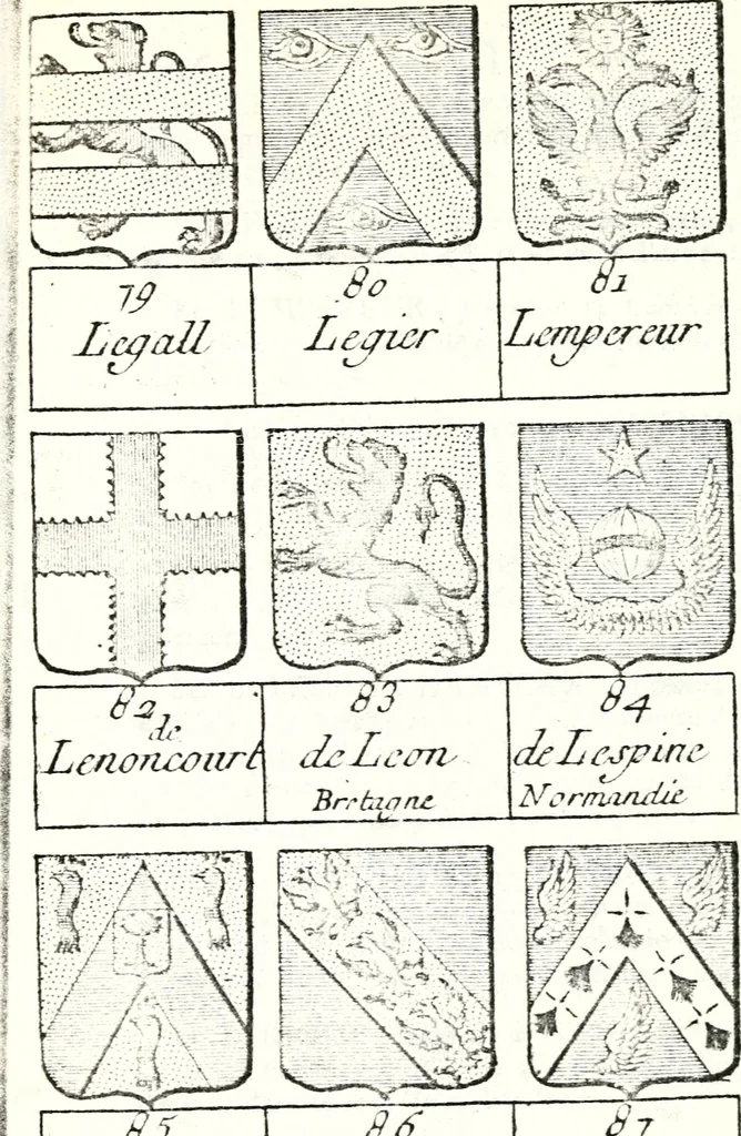 An illustration from Armorial des principales maisons et familles du royaume, particulierement des celles de Paris et de l'Isle de France : contenant les armes des princes, seigneurs, grands officiers de la couronne & de la maison du roi, celles des cours souveraines, &c. avec l'explication de tous les blasons, 1757, leaf 790