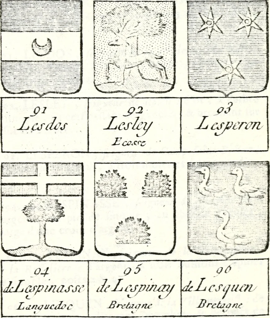 An illustration from Armorial des principales maisons et familles du royaume, particulierement des celles de Paris et de l'Isle de France : contenant les armes des princes, seigneurs, grands officiers de la couronne & de la maison du roi, celles des cours souveraines, &c. avec l'explication de tous les blasons, 1757, leaf 794