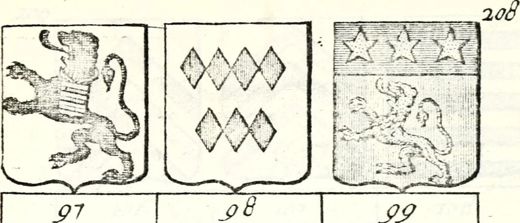 An illustration from Armorial des principales maisons et familles du royaume, particulierement des celles de Paris et de l'Isle de France : contenant les armes des princes, seigneurs, grands officiers de la couronne & de la maison du roi, celles des cours souveraines, &c. avec l'explication de tous les blasons, 1757, leaf 800