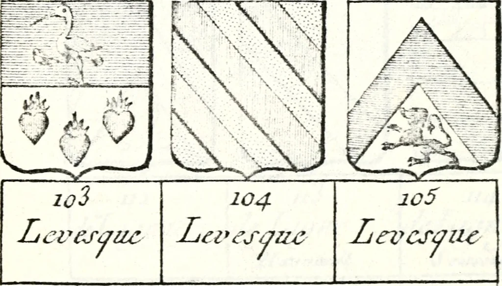 An illustration from Armorial des principales maisons et familles du royaume, particulierement des celles de Paris et de l'Isle de France : contenant les armes des princes, seigneurs, grands officiers de la couronne & de la maison du roi, celles des cours souveraines, &c. avec l'explication de tous les blasons, 1757, leaf 800